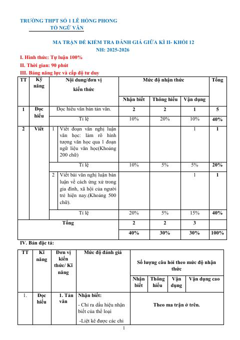 Đề thi Giữa kì 2 Ngữ văn 12 năm 2025-2026 số 1 Lê Hồng Phong (Đắk Lắk)